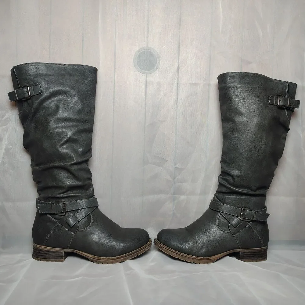 Kadi Maya Charcoal Gray Faux Leather Slouchy Zip Up Knee High Riding Boots sz 8
